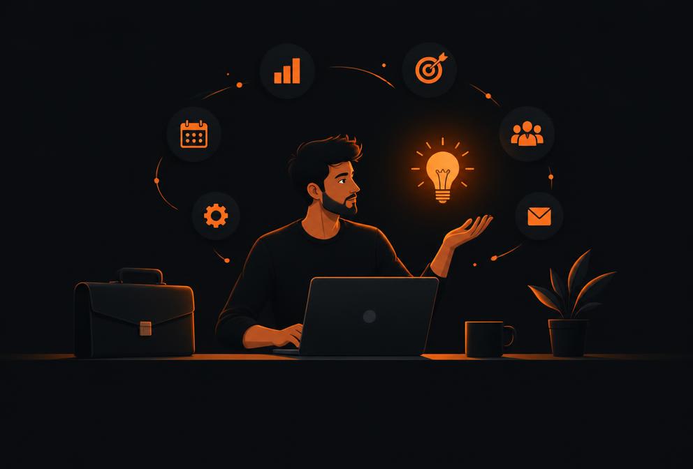 Entrepreneur at a desk with a laptop and ideas